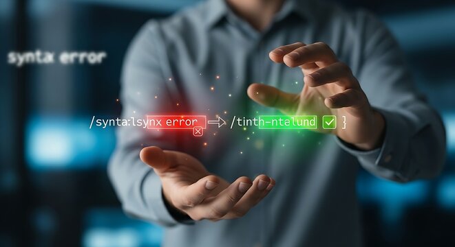 Automated debugging concept. A developer's hands watch a holographic line of code that self-corrects from a red error to green correct syntax.