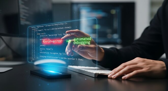Automated debugging concept. A developer's hands watch a holographic line of code that self-corrects from a red error to green correct syntax.