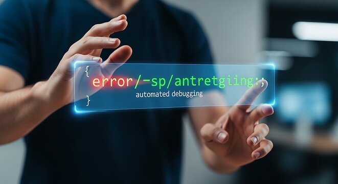 Automated debugging concept. A developer's hands watch a holographic line of code that self-corrects from a red error to green correct syntax.