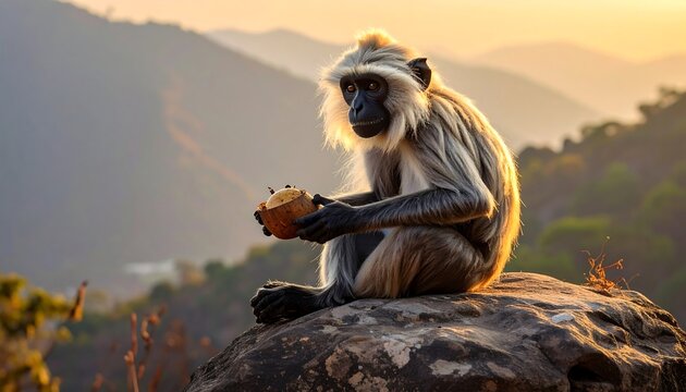 A langur monkey sits atop a rocky outcropping, holding a coconut with a sunlit mountain backdrop. Soft light bathes the scene