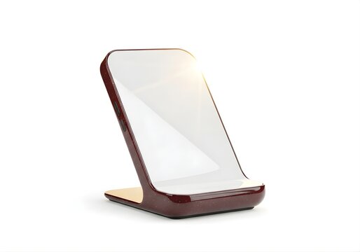 Isolated angled wireless smartphone charging stand in glossy dark maroon finish, modern technology accessory for desk setup