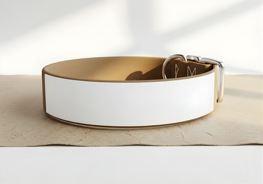 Blank tan pet collar with white rectangular panel for custom branding, isolated accessory for dogs and cats mockup