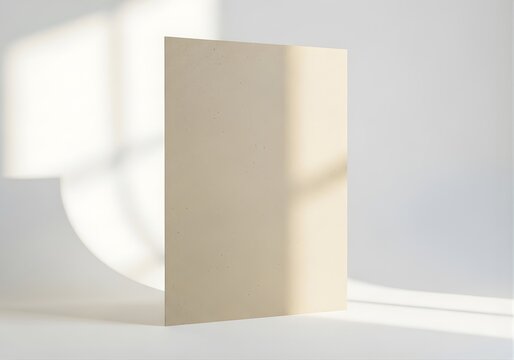 Blank vertical paper card mockup with soft sunlight shadows, empty stationery display, branding template, document showcase