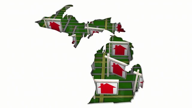 Michigan MI Real Estate Market Homes Houses For Sale Signs Map Move Relocate 3d Animation