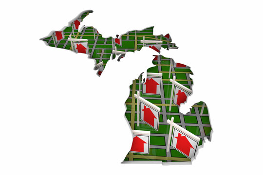 Michigan MI Real Estate Market Homes Houses For Sale Signs Map Move Relocate 3d Illustration