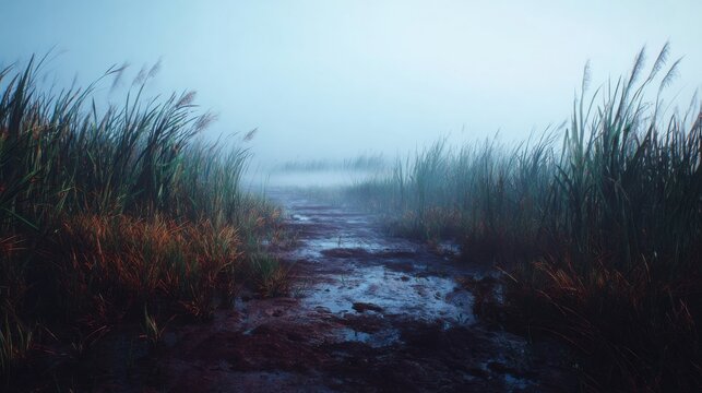 A Muddy Rutted Path Through a Dense Misty Marshland Landscape