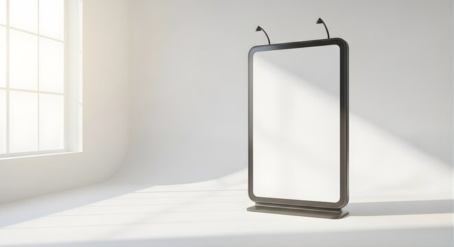 Blank vertical stand mockup for advertising display, empty billboard poster, marketing promotion, corporate signage, showroom interior