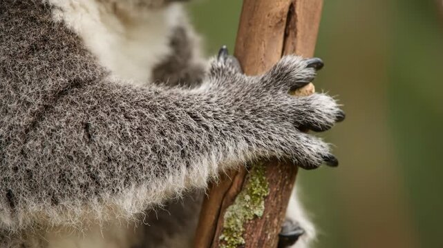 Close-up of a koala's furry paw gripping a eucalyptus tree branch