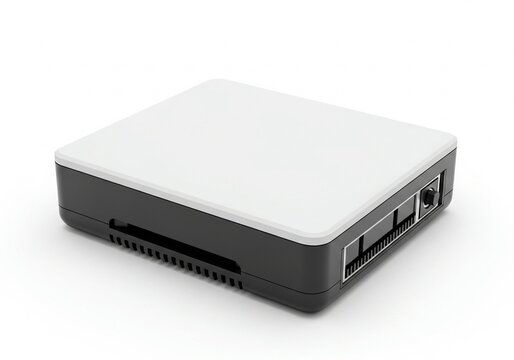 Isolated black and white network router or mini computer box, hardware device for connectivity, high speed data transfer