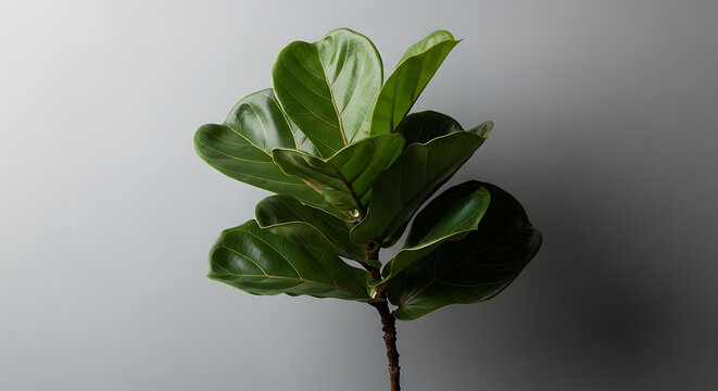 Fiddle leaf fig plant branch with large green leaves and small yellow dots, isolated on a gradient gray background, natural, organic, fresh growth