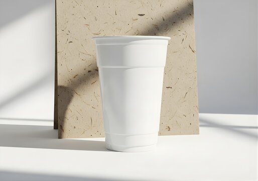 Blank white plastic cup mockup on textured beige cardboard background, beverage container, packaging design, branding showcase