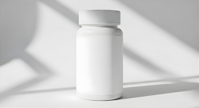 Blank white plastic pill bottle mockup with cap, pharmaceutical packaging, medicine storage, healthcare product design