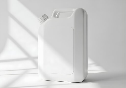 Blank white plastic jerrycan container for industrial liquids, chemicals or fuel, realistic mockup for branding design