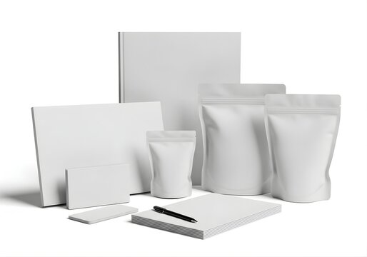 Blank white product packaging set with stand up pouches, paper boxes, notebook and pen for corporate branding identity design