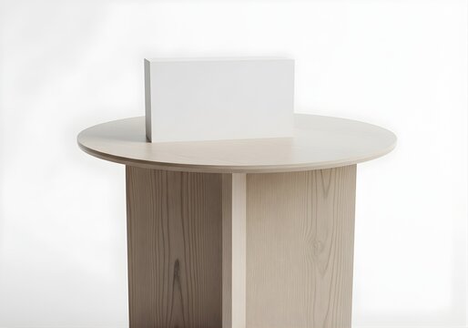 Blank white rectangular box placed on a modern textured wooden round side table display, product mockup and branding presentation