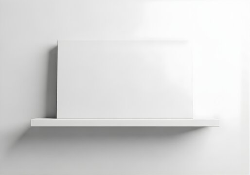 Blank white rectangular frame on a simple wall shelf, modern interior display, empty space for text or images, mockup scene