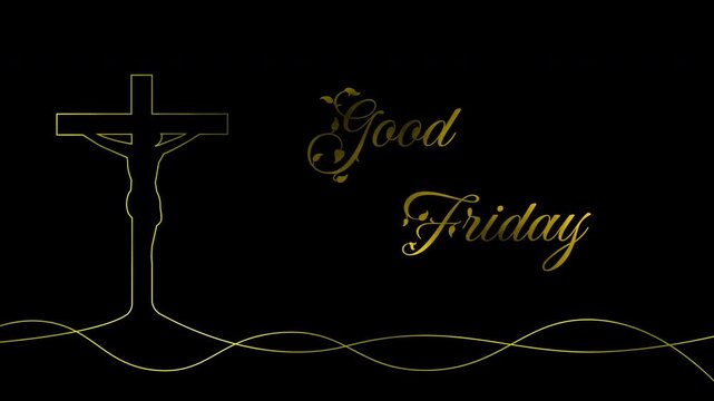 Good Friday Christian religious banner with golden cross silhouette and elegant script typography on black background for holy week.