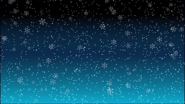 Gentle snowfall of delicate snowflakes against a deep blue fading to bright turquoise background motion.