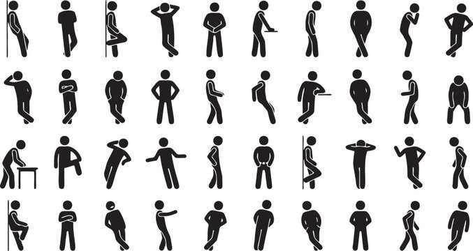 Minimalist Vector Icon Set of Man in Relaxed and Casual Leaning Poses.