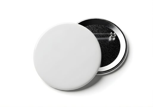 Isolated blank white circular pin badge with metallic back, empty button mockup for branding, corporate identity