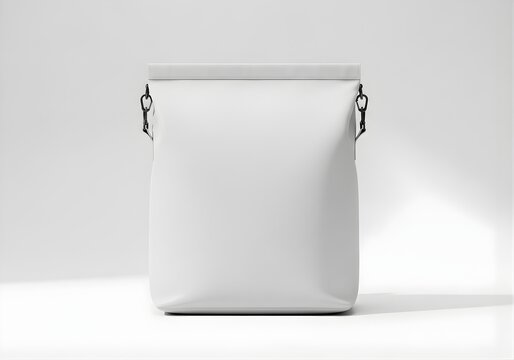 Isolated blank white square tote bag mock up with metal chain shoulder strap for fashion branding and retail presentation