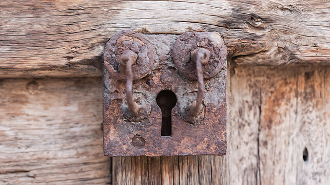 Rusty lock on wooden door symbolizing ecological sustainability and green energy