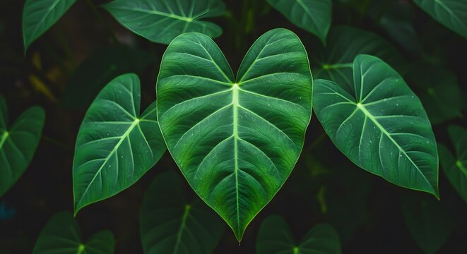 Large heart-shaped green leaves in a lush tropical garden