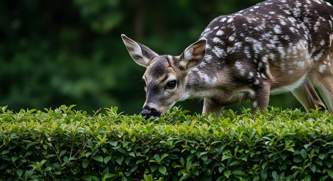 Young spotted fawn standing in a green garden hedge