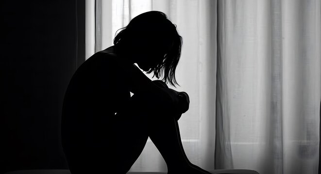 Silhouette of a lonely person sitting by a window