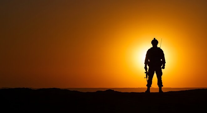 Silhouette of a soldier standing guard against a dramatic sunset