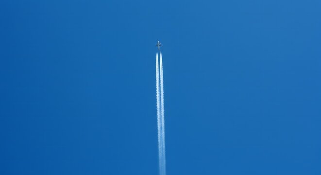Single white contrail streaking across a clear blue sky