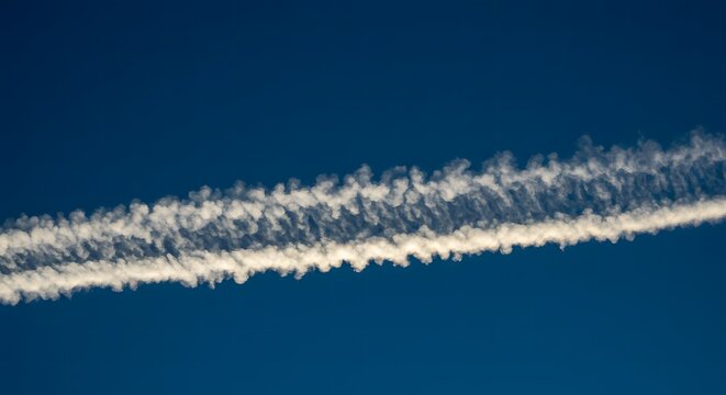 Thick white vapor trail from a jet in a bright blue sky