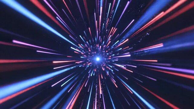 Abstract glowing light beams and particles radiating from a central point in deep space. Abstract digital representation of atomic structure with light rays