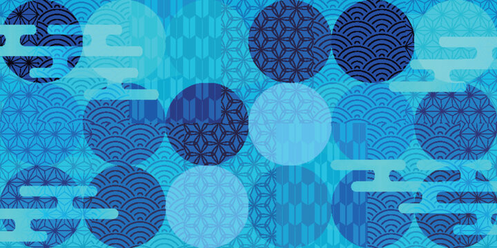 Blue Japanese Traditional Pattern Background with Circles and Clouds