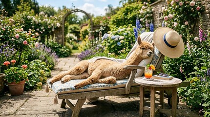 Fototapeta premium Alpaca relaxing on a wooden sun lounger in a blooming summer garden. Cute animal resting outdoors with a straw hat and tropical beverage. Leisure, vacation and summer holiday concept.