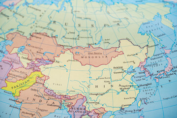 Fototapeta premium Close up of East Asia region on world map.