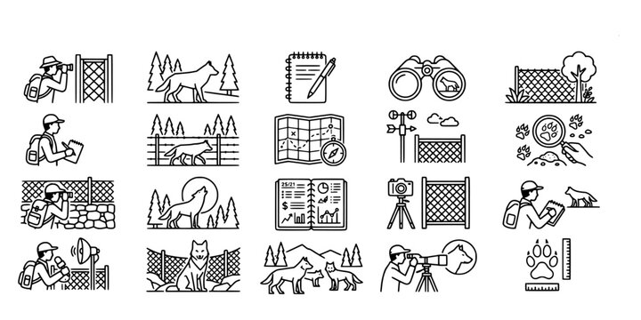 icon set collection of wolf research, wildlife observation, field study, tracking predators, biological monitoring, and nature conservation equipment in forest environment.
