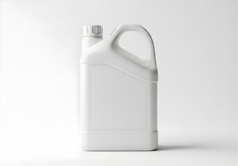 Obraz premium Isolated empty white plastic jerrycan with handle, industrial chemical container mockup for detergent, motor oil, household cleaning supply