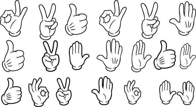 Cartoon gloved hands set, 18 comic hand gestures vector collection, retro animation style white gloves showing thumbs up and peace signs