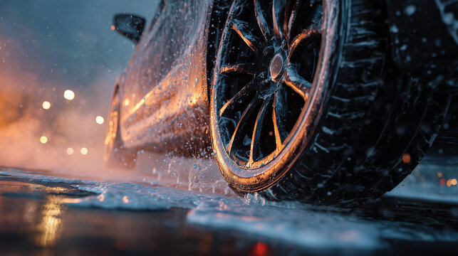 Close up of a car tire during washing with water and soap foam, highlighting vehicle cleaning, automotive detailing, and maintenance service