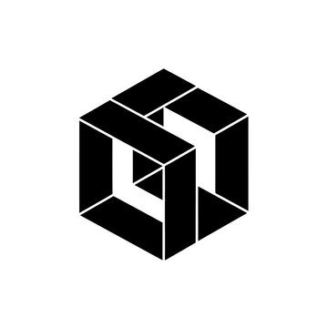 Abstract black impossible cube optical illusion graphic design. Modern geometric paradox puzzle concept on white background.