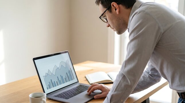 Man analyst checking business graph on laptop computer screen. Professional worker studying financial statistics data. Remote office workspace, economic development, corporate strategy.