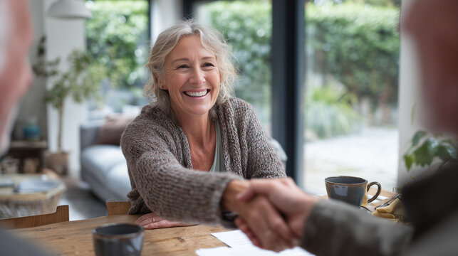 Smiling financial advisor shaking hands with senior couple during retirement planning meeting, symbolizing trust, security, and financial support in old age
