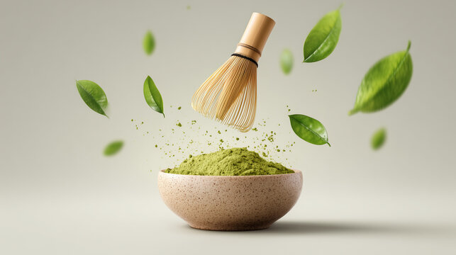 Matcha green tea powder with bamboo whisk and floating leaves, showcasing Japanese tea culture, wellness, and organic healthy lifestyle.