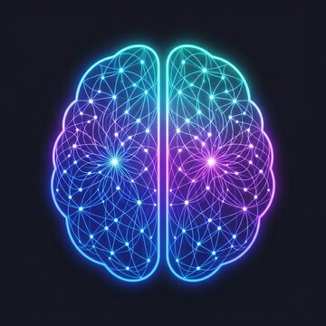 Neon Brain: Illuminated conceptual representation of human intellect, exploring the intricate network of thoughts, knowledge, and cognition.