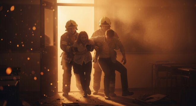 Two firefighters helping a woman and a man escape a building fire. Fire safety and emergency rescue concept for disaster preparedness.