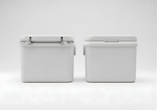 Isolated two blank white cooler boxes for food and drink storage, camping and outdoor gear, picnic equipment, travel accessories