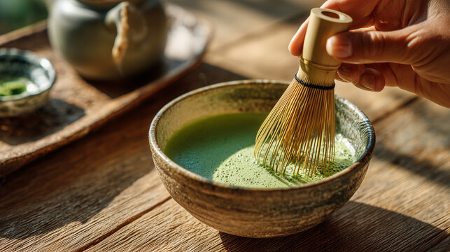 Traditional matcha tea whisking in ceramic bowl with bamboo chasen, showcasing Japanese tea ceremony, wellness, and calming lifestyle ritual.