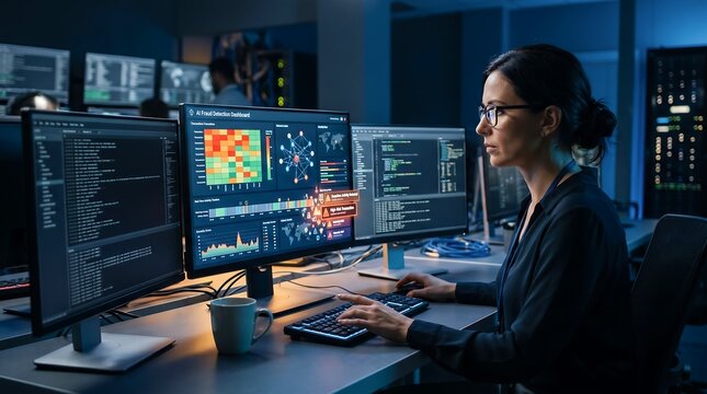 Woman developer working on an artificial intelligence fraud detection system in a data center. Cybersecurity analyst monitoring network security and digital threats. IT specialist concept.