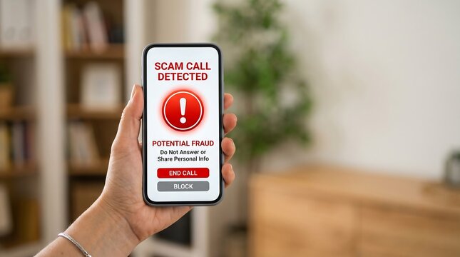Woman holding smartphone with scam call warning on screen. Mobile security alert protecting against phone fraud and telemarketing nuisance. Digital technology safety and spam protection.
